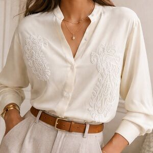 Zara Ivory Beaded Embroidered Blouse Cupro Asymmetrical Top Size M